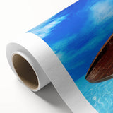 Art deco poster of a Caribbean scenery on rolled canvas, with vibrant ocean and sky hues, ideal for nursery wall art.