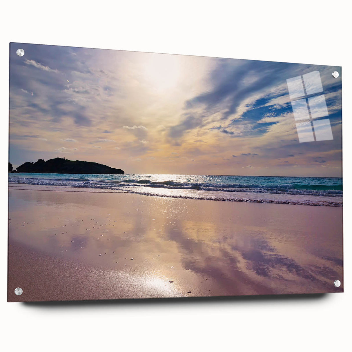Large abstract wall art of Caribbean scenery on acrylic glass, in vibrant blue and green hues.