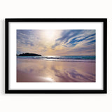 Extra large framed print of a colorful abstract Caribbean scenery in vibrant blue and green tones.