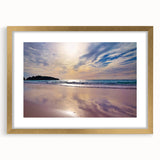 Abstract art print of Caribbean scenery in muted blue and green shades on a framed gold mat, ideal for dining room decor.