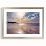 Extra large abstract art print of Caribbean scenery in silver frame, ideal for living room decor.