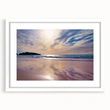 Textured abstract art print of Caribbean scenery in muted blue and green tones on a framed white mat, ideal for bedroom art.