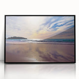 Large abstract wall art depicting a Caribbean Bermuda scenery in muted blue and green tones on a framed acrylic.