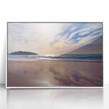 Mid-century modernist art depicting a serene Bermuda beach scene in muted blues and greens on a framed acrylic.