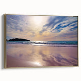 Framed canvas featuring a vintage-style landscape painting of the Caribbean, with muted gold and black tones.
