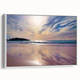 Vintage poster art of a Caribbean Bermuda scenery on a white framed canvas, ideal for living room decor.