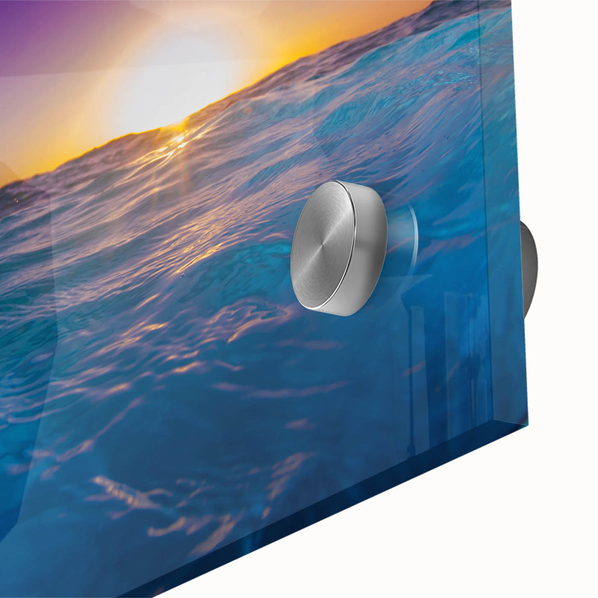 Large abstract wall art depicting a Caribbean seascape in vibrant blue and turquoise, acrylic glass.