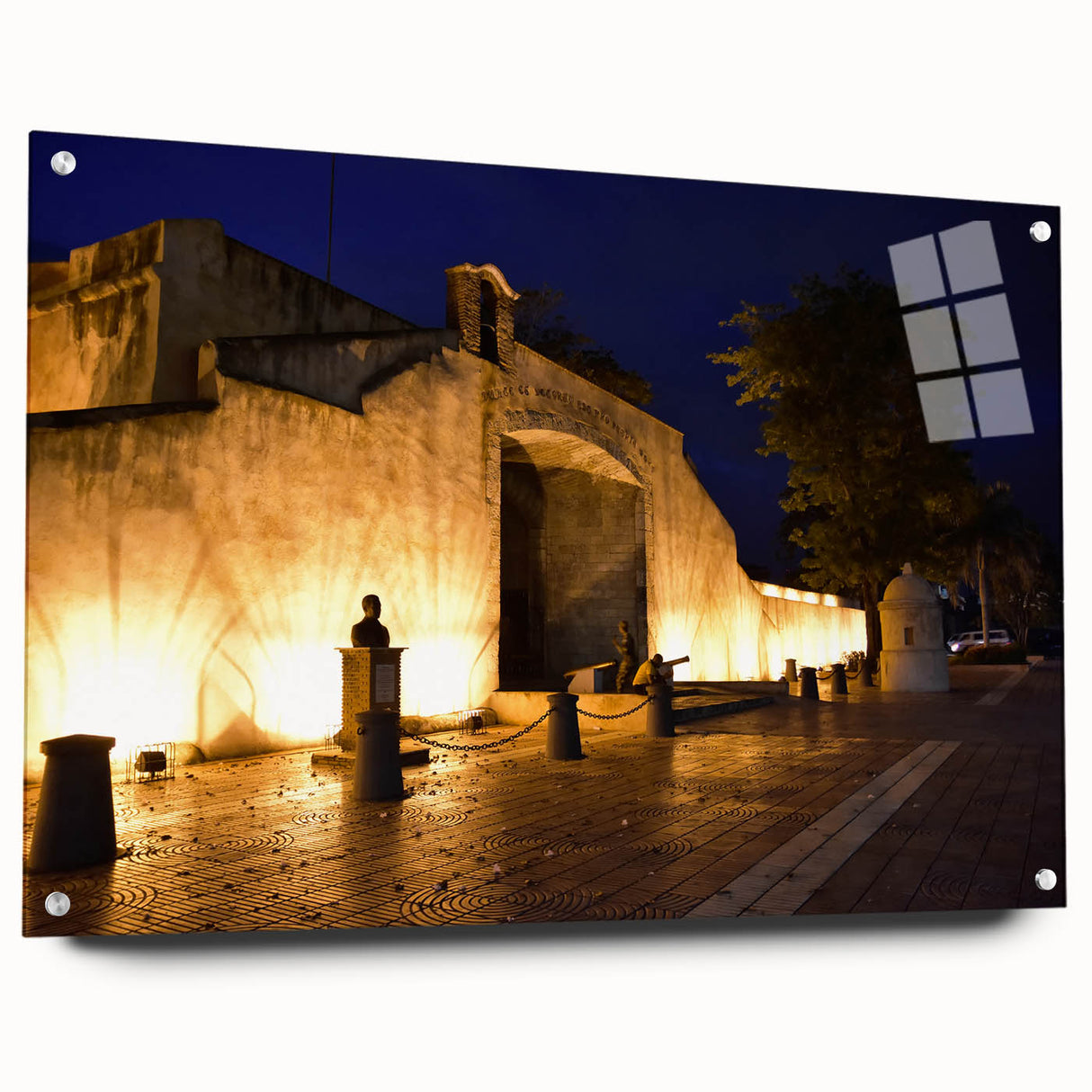 Acrylic print of a Caribbean scenery with vibrant blues and greens, ideal for dining room ambiance.