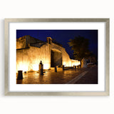 Extra large abstract art print depicting a textured Caribbean scenery in muted blue and green tones.