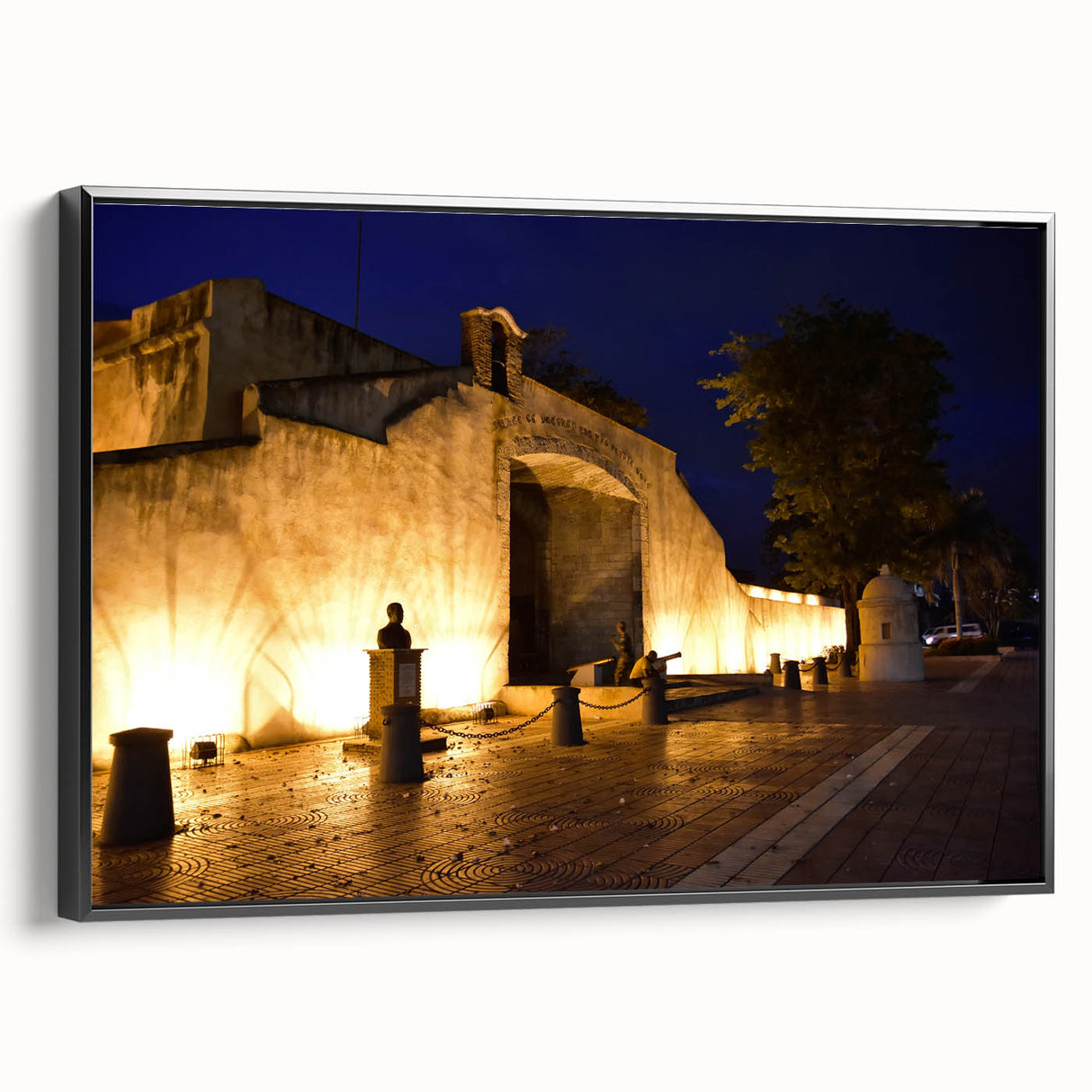 Black and white framed canvas featuring a vintage-style Caribbean landscape, ideal for bedroom wall decor.