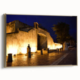 Framed canvas landscape painting of Caribbean coastline in muted blues and greens, ideal for bedroom wall art.