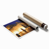 Extra large rolled print of a Caribbean beach scene in muted blue and sandy tones, ideal for classy bathroom wall art.