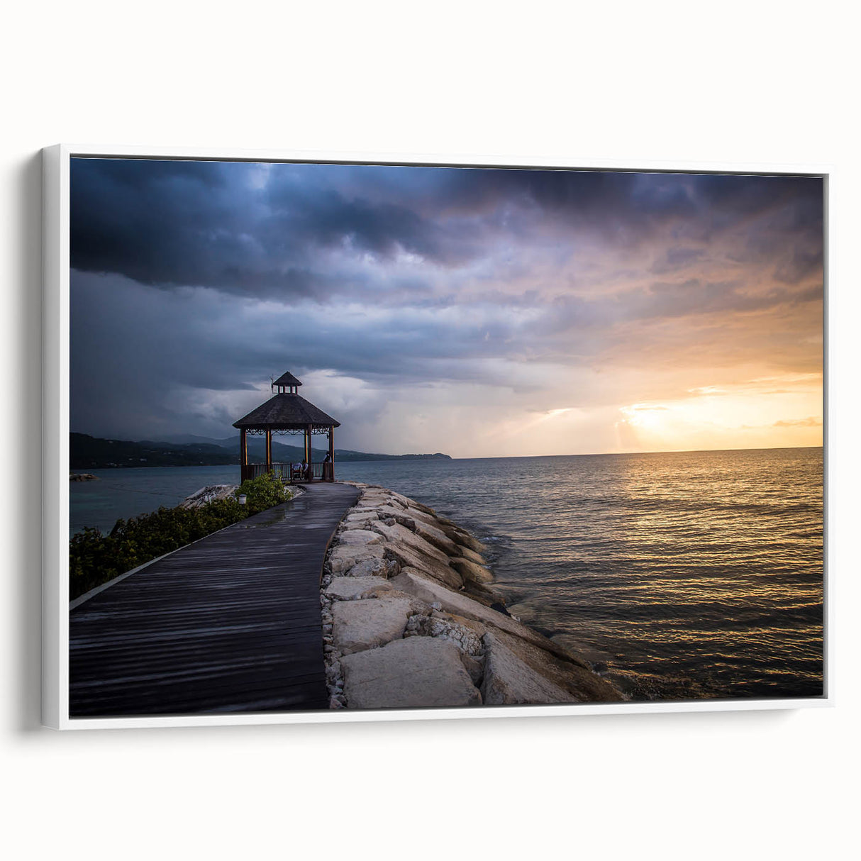 Vintage poster art of a vibrant Caribbean landscape on a framed canvas, ideal for living room decor.