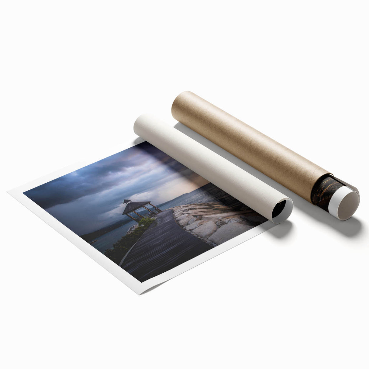 Extra large rolled print of a Caribbean scenery with vibrant floral elements, ideal for classy bathroom wall art.