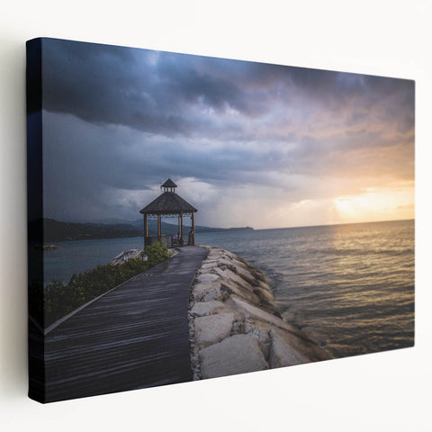 Caribbean landscape on stretched canvas, featuring vibrant blue and green hues, ideal for kitchen wall art.