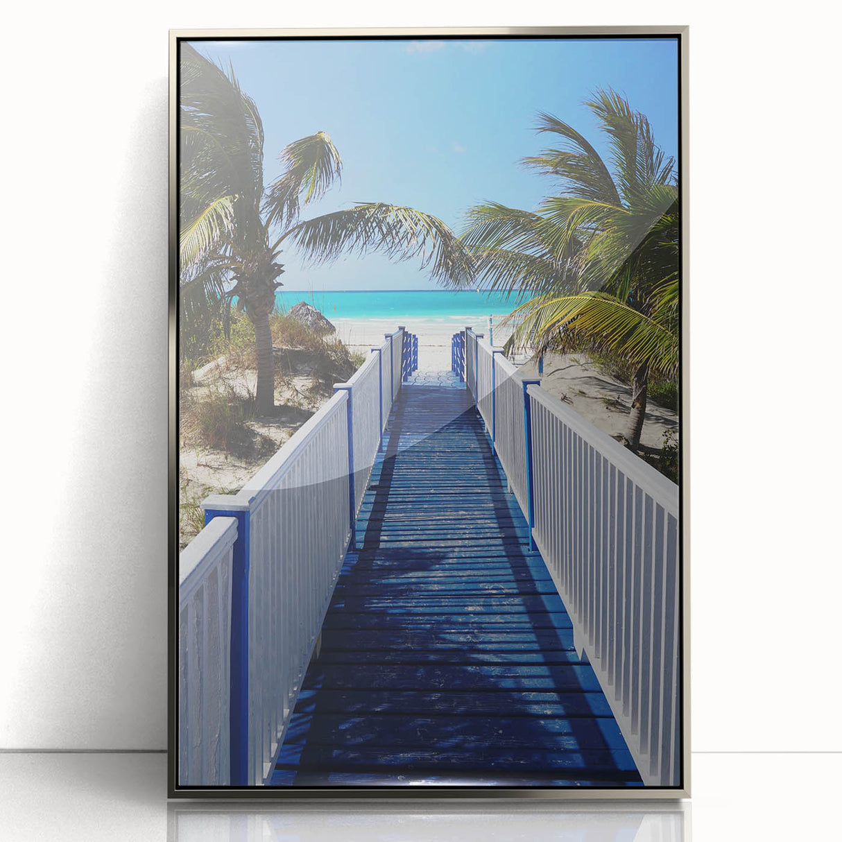 Framed acrylic print of a Caribbean landscape in muted green and blue tones, ideal for modern art wall decor.