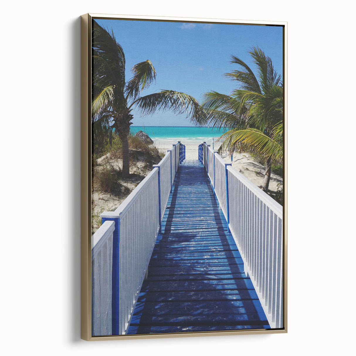 Framed canvas depicting a vintage Caribbean landscape with lush greenery and a gold frame, suitable for bedroom wall art.
