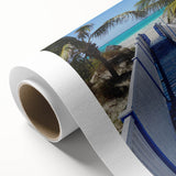 Art deco poster of a Caribbean Martinique scenery in vibrant blue and green hues on rolled canvas.