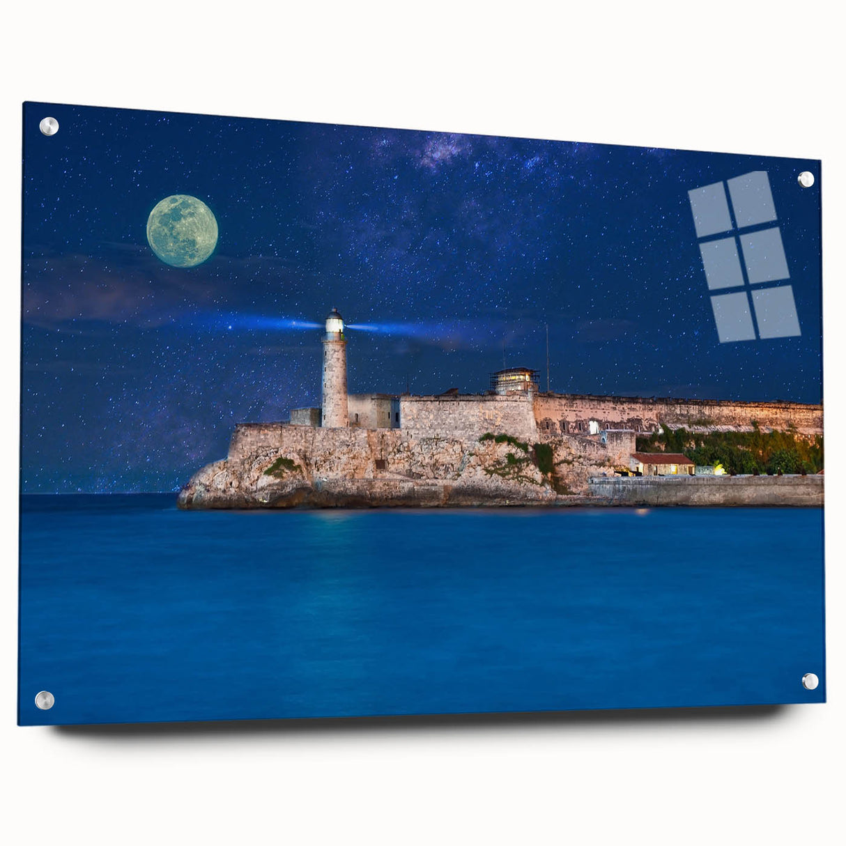 Acrylic print of a large abstract depiction of a Caribbean scenery in vibrant blue and green tones.