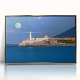 Art deco poster of a Caribbean scenery in gold acrylic frame, suitable for modern nursery wall decor.