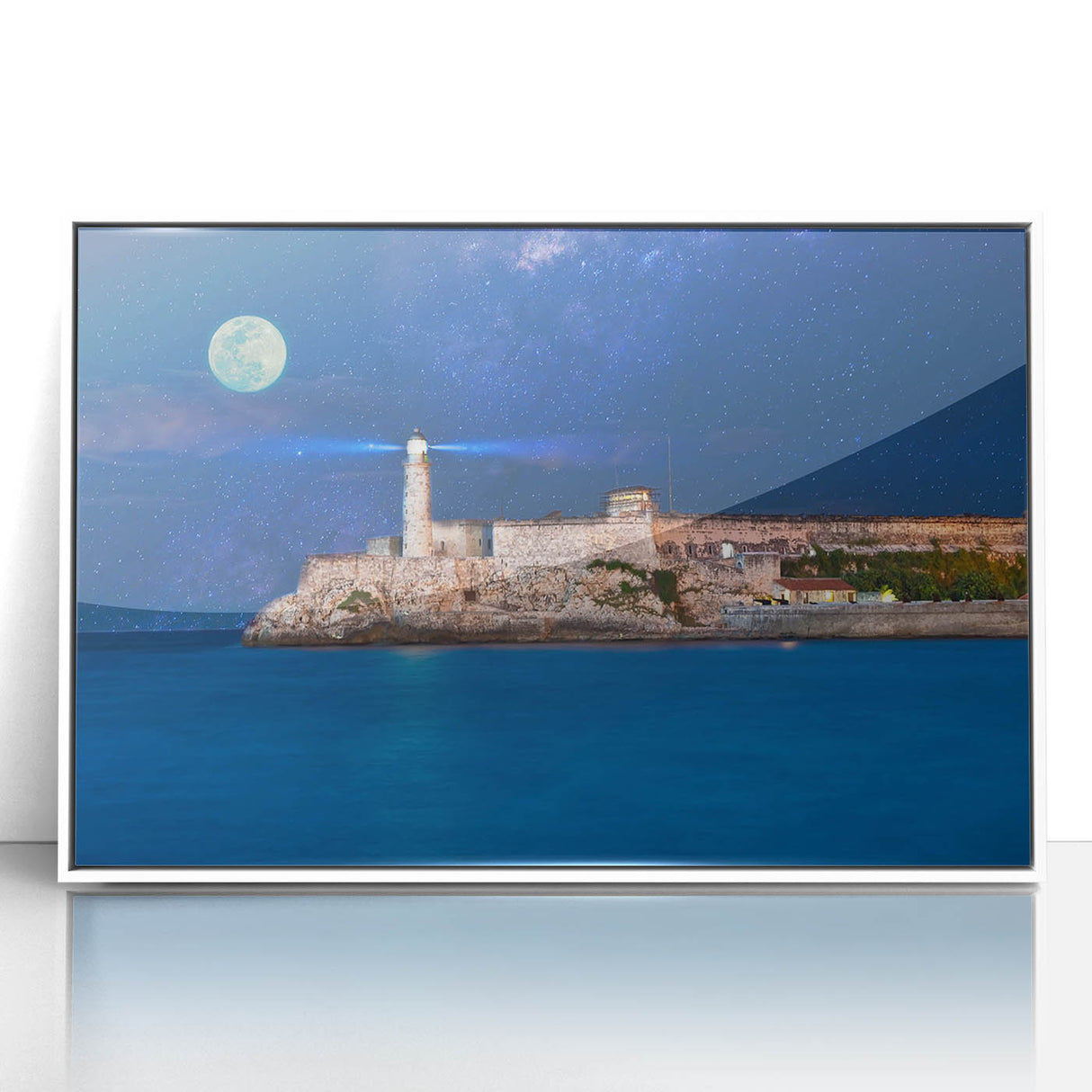 Mid-century modernist art depicting a serene Puerto Rican seascape on a white framed acrylic.