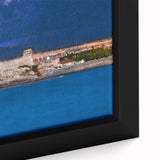 Extra large framed canvas featuring a textured, colorful Caribbean scenery, ideal for living room decor.