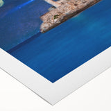 Art deco poster of a Puerto Rican coastline in muted blue and green hues on rolled canvas, suitable for dining room décor.