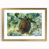 Abstract art print of Caribbean scenery in muted blue and green tones on a framed canvas, suitable for dining room decor.