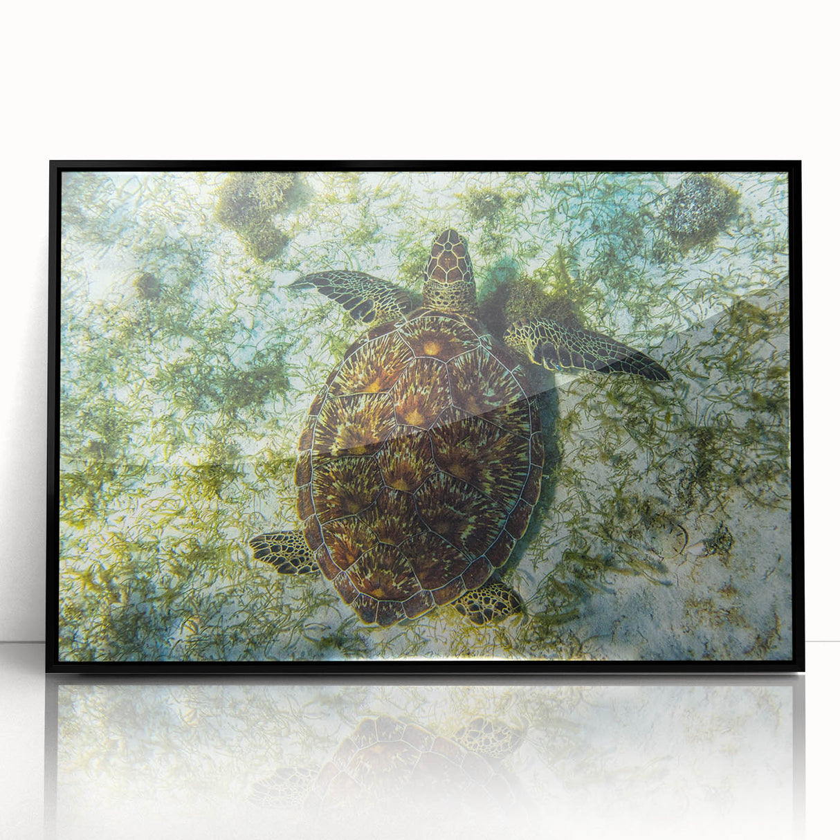 Large abstract wall art depicting a Caribbean scene in muted blue and green tones on a framed acrylic.