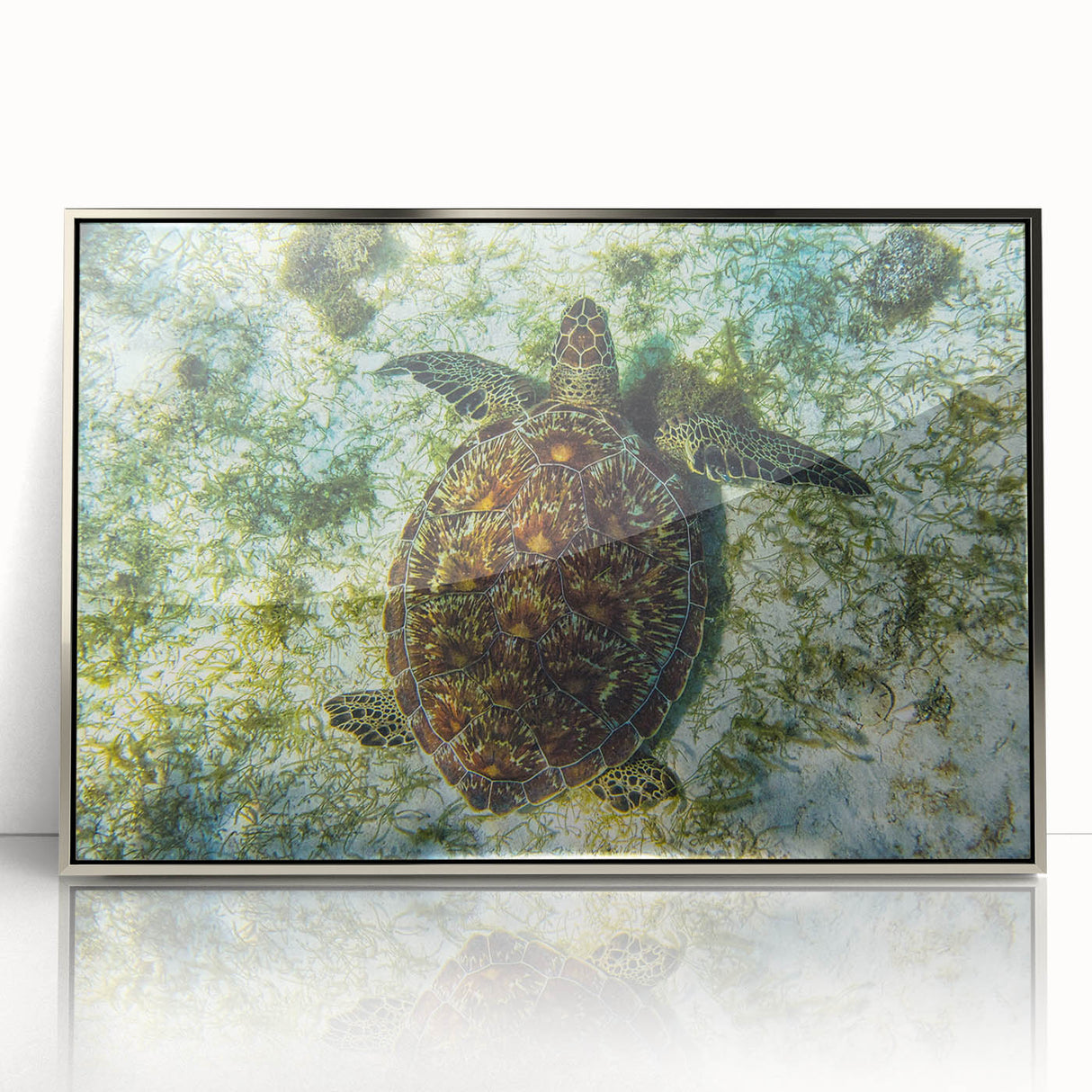 Large art print of a serene Caribbean beach scene in pastel shades on a silver-framed acrylic.
