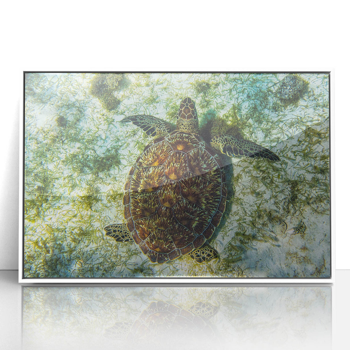 Mid-century modernist art depicting Caribbean scenery in vibrant blue and green tones, acrylic print in white frame.