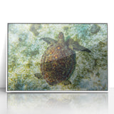 Mid-century modernist art depicting Caribbean scenery in vibrant blue and green tones, acrylic print in white frame.