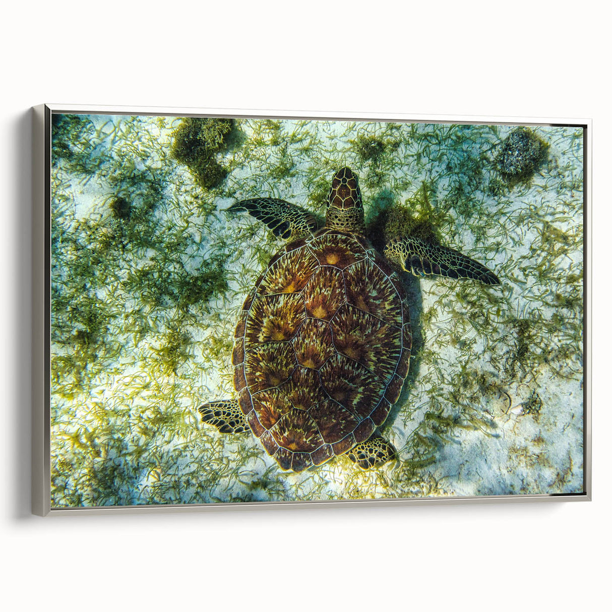 Landscape art painting of a Caribbean scenery on framed canvas, featuring vibrant colors and vintage poster style.