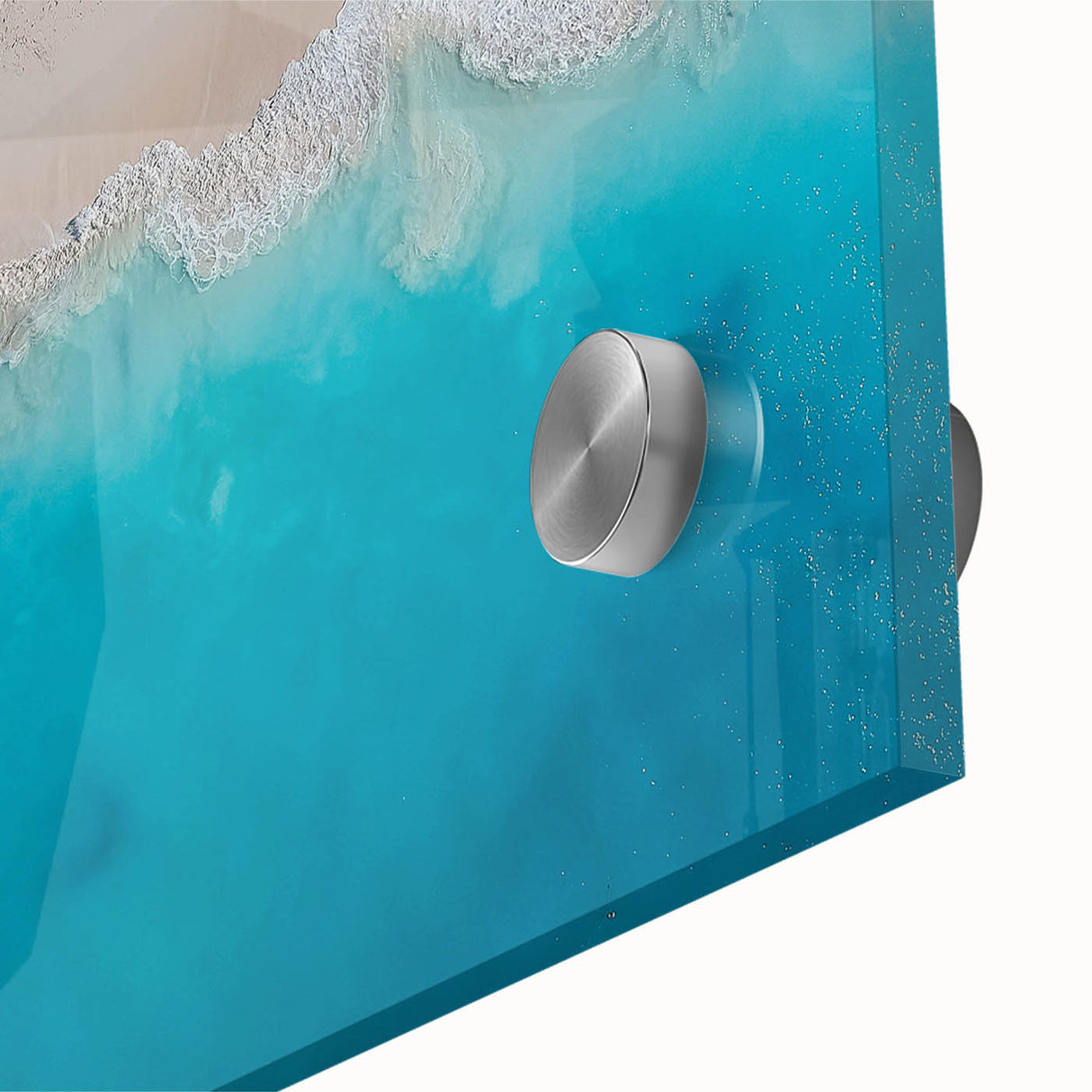 Large abstract wall art depicting Caribbean scenery in vibrant blue and green hues on acrylic glass.