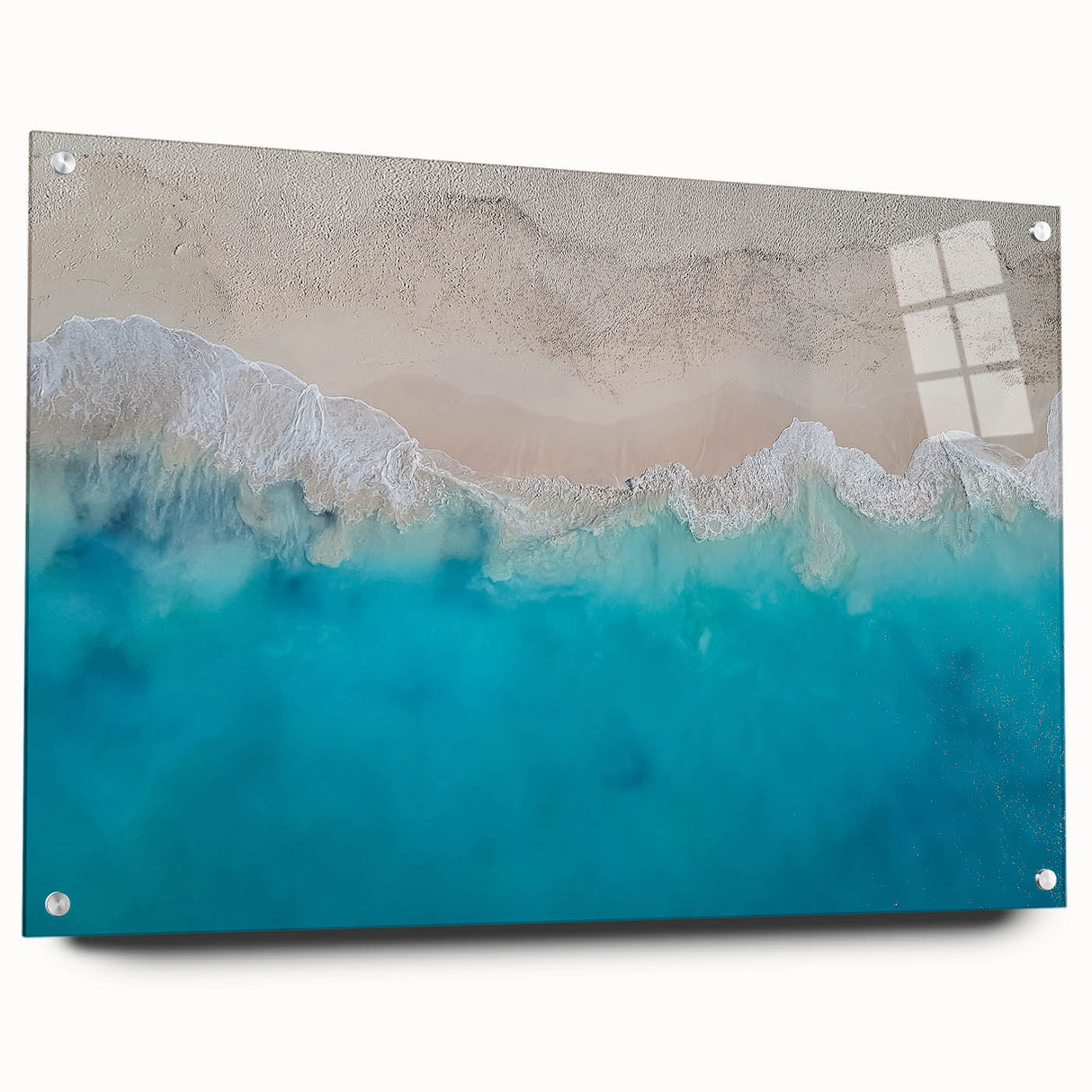 Large abstract wall art of a Caribbean scenery on acrylic glass, with vibrant blue and green tones.