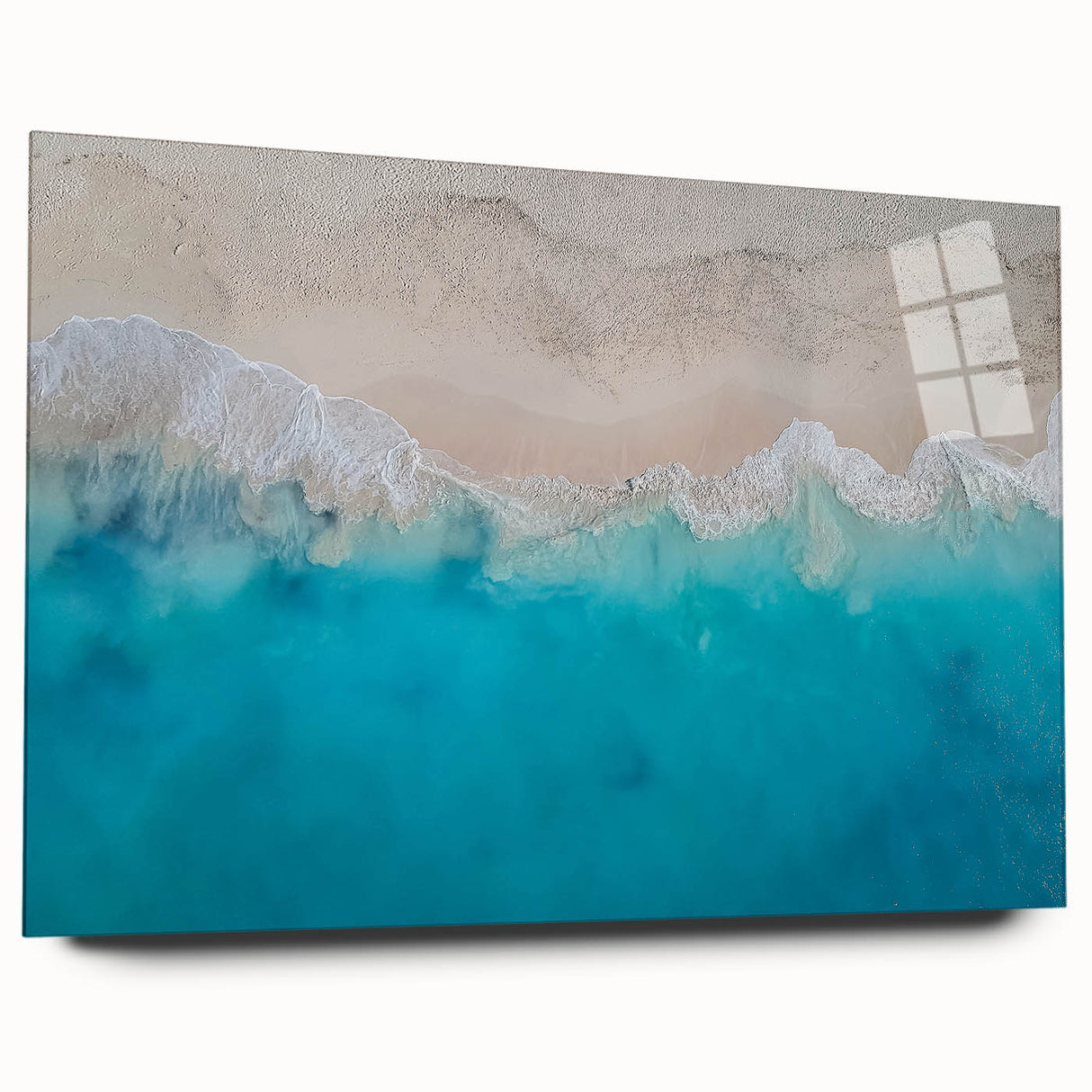 Large abstract wall art depicting Caribbean scenery in vibrant blue and green hues on acrylic glass.