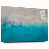 Large abstract wall art depicting Caribbean scenery in vibrant blue and green hues on acrylic glass.
