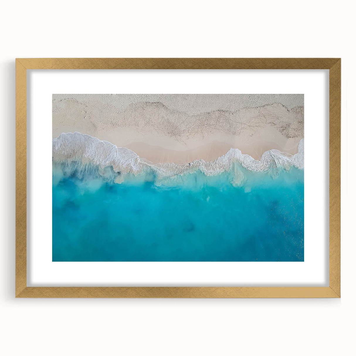 Abstract art print featuring a Caribbean scenery in muted blue and green tones on a framed canvas.