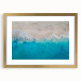 Abstract art print featuring a Caribbean scenery in muted blue and green tones on a framed canvas.