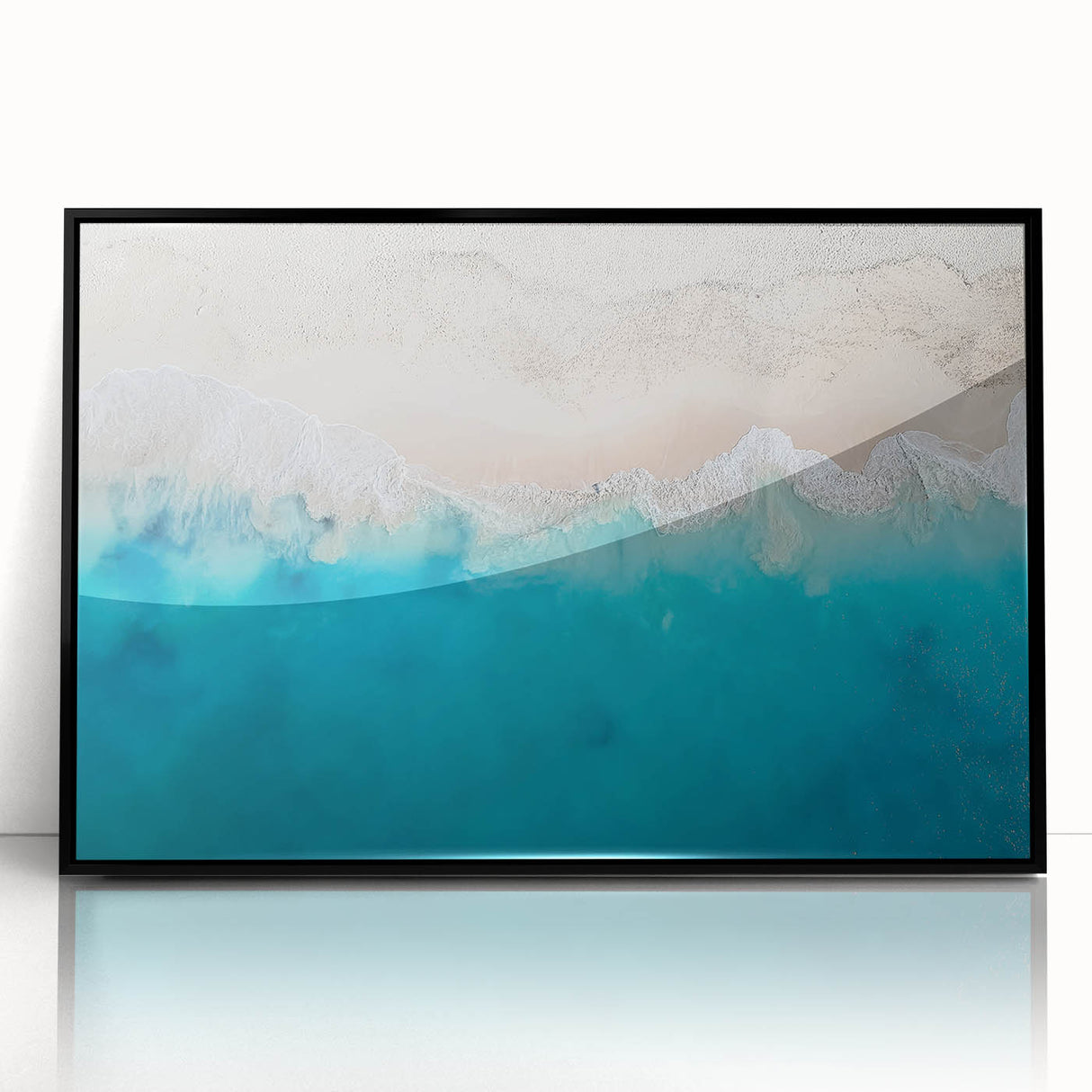 Large abstract wall art depicting Caribbean scenery in muted blue and green tones on a framed acrylic.