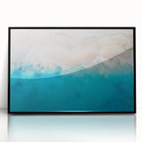 Large abstract wall art depicting Caribbean scenery in muted blue and green tones on a framed acrylic.