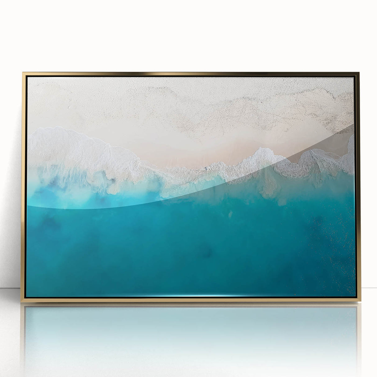 Art deco poster featuring a serene Caribbean scene with muted blue and sandy tones, framed in gold acrylic.