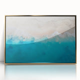 Art deco poster featuring a serene Caribbean scene with muted blue and sandy tones, framed in gold acrylic.