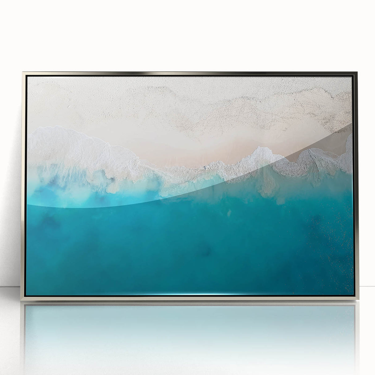 Large art print of a Caribbean scenery on framed acrylic, featuring turquoise waters and lush green islands.