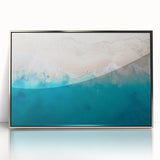Large art print of a Caribbean scenery on framed acrylic, featuring turquoise waters and lush green islands.