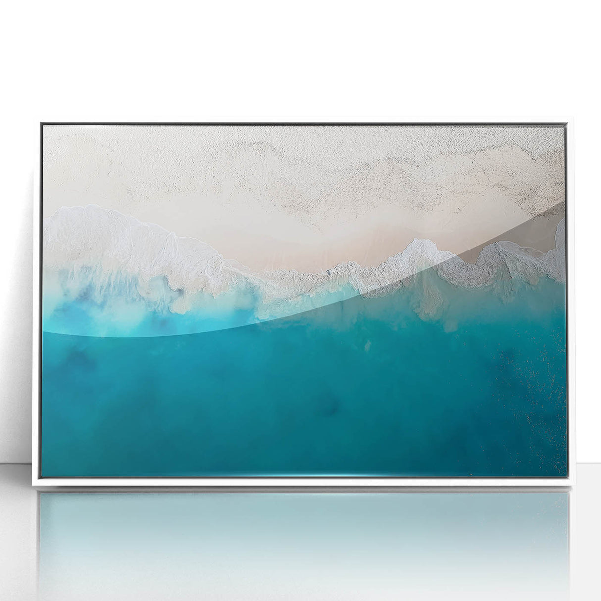 Mid-century modernist art depicting a Caribbean scene, with vibrant blue and green tones, on a white-framed acrylic print.