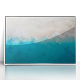 Mid-century modernist art depicting a Caribbean scene, with vibrant blue and green tones, on a white-framed acrylic print.