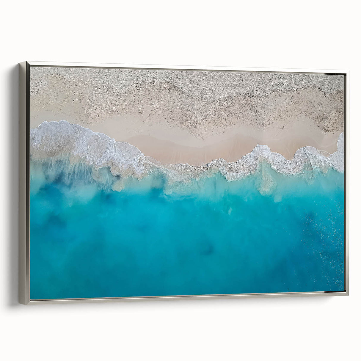 Landscape art painting of a Caribbean scene on framed canvas, featuring vibrant blue and green tones.