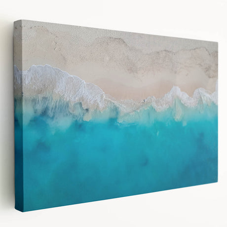 Large stretched canvas depicting a Caribbean beach scene in vibrant blue and turquoise tones, suitable for kitchen wall art.