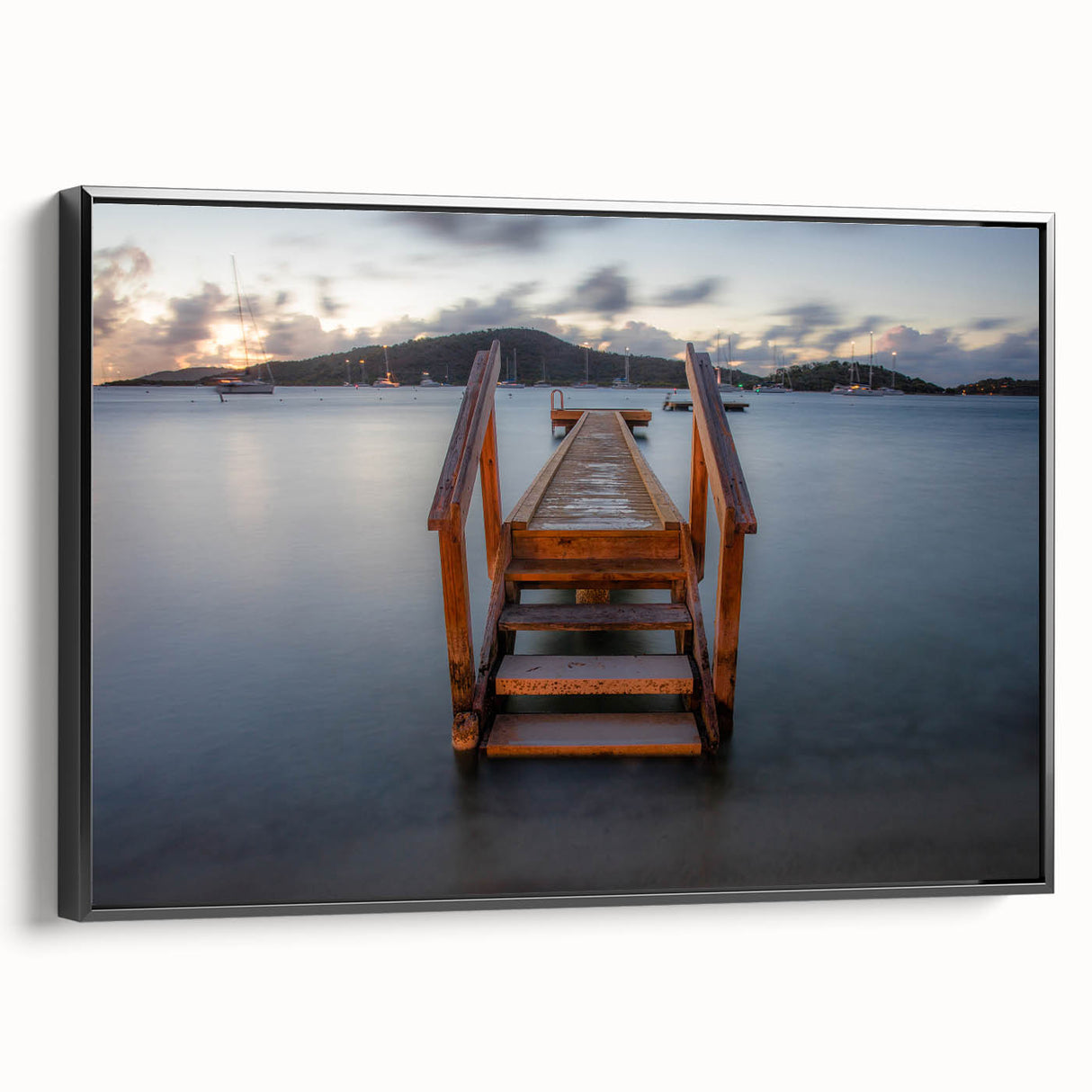 Black and white framed canvas of Caribbean Virgin Islands landscape, ideal for bedroom wall decor.